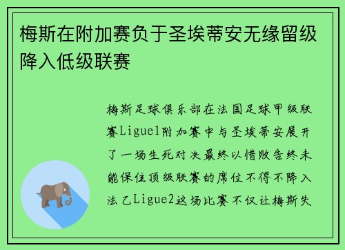 梅斯在附加赛负于圣埃蒂安无缘留级降入低级联赛