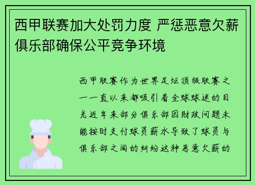 西甲联赛加大处罚力度 严惩恶意欠薪俱乐部确保公平竞争环境 西甲联赛加大处罚力度 严惩恶意欠薪俱乐部确保公平竞争环境
